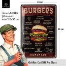 LANOLU Blechschild Burgers Menue 20x30 cm
