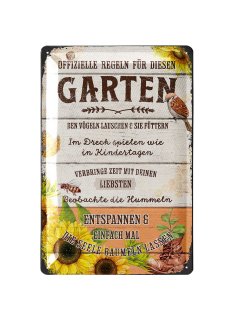 Retro Blechschild GARTENREGELN Schild, Blechschilder Garten Spr&uuml;che, 20x30cm