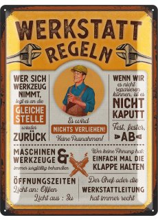 Retro Blechschild Werkstatt Schild, lustige Werkstattregeln M&auml;nner 30x40cm