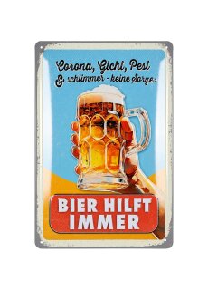 LANOLU Retro Blechschild Corona Gicht und schlimmer Bier hilft immer 20x30cm