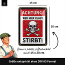 LANOLU retro Blechschild Achtung wer klaut stirbt, lustiges Sprüche Schild aus Metall- geprägt und gestanzt, Deko für Garage 15x20 cm